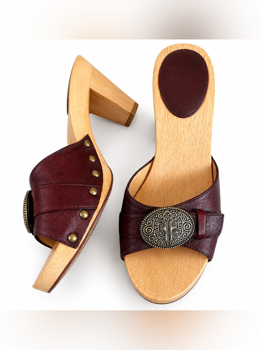 Frye Sammy Oxblood Leather Wood Heel Mules 8.5 Y2K Boho Western Concho